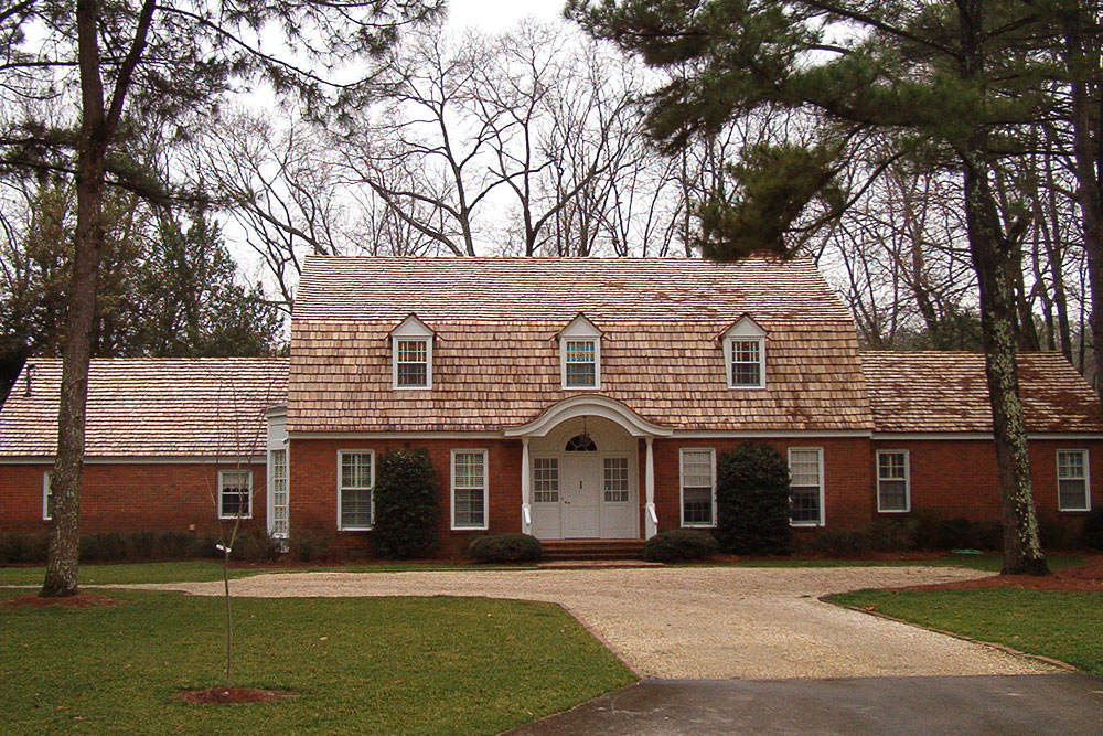 residential-roofing-5 Cedar shake roof installation on traditional brick home in Georgia