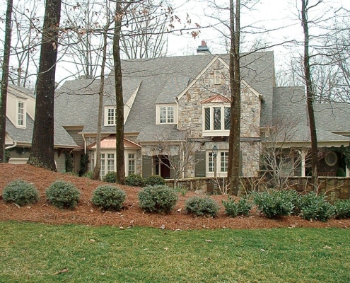 residential-roofing-6 Stone house with GAF Timberline HD shingles and copper valleys in Georgia