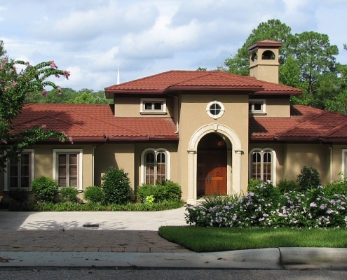 Close up of specialty roofing material on custom home