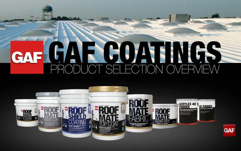 GAF Roof Mate product line including base coat, top coat, fabric, seam tape, and primers with coated roof background
