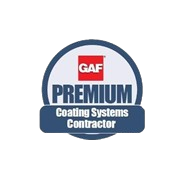 Official badge indicating GAF Premium Coating Systems Contractor certification