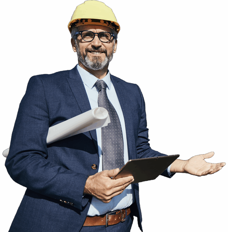 Confident construction project manager in a suit and hard hat holding blueprints and a tablet