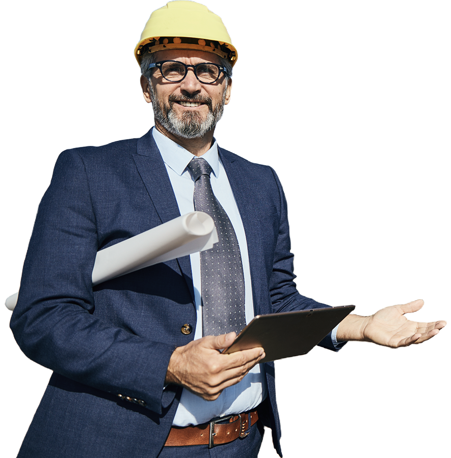 Confident construction project manager in a suit and hard hat holding blueprints and a tablet