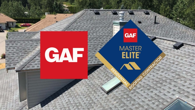 GAF Master Elite Residential Roofing Contractor certification badge displayed over gray asphalt shingle roof